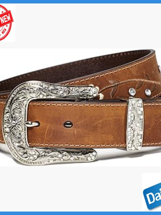 Western Leather Belt with Rhinestone Conchos, Detachable Buckle, Small Size